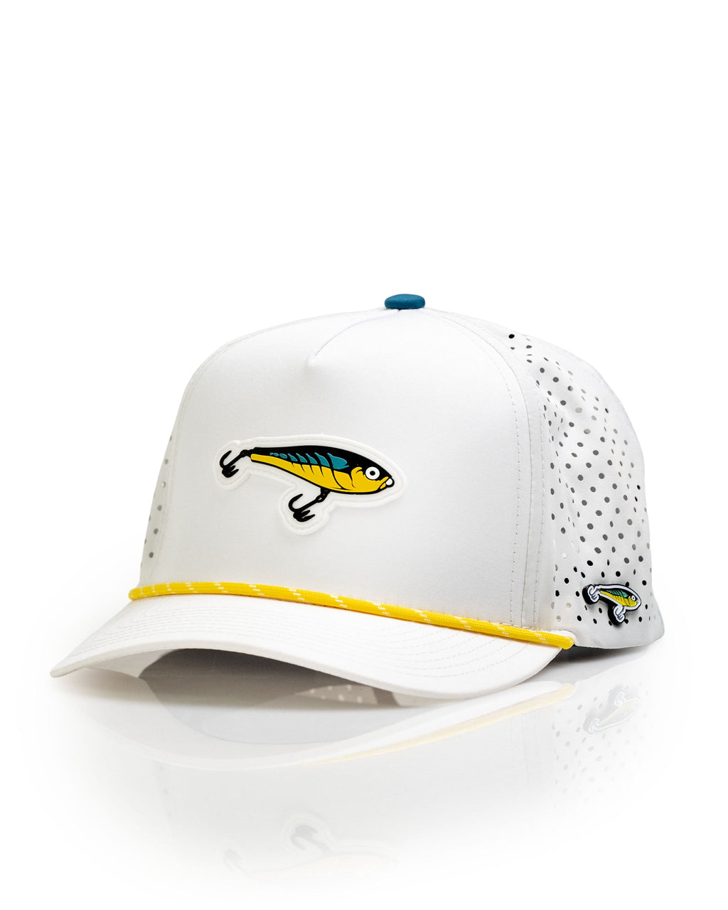 Pins & Aces Fishing Lure Perforated Rope Golf Hat – White