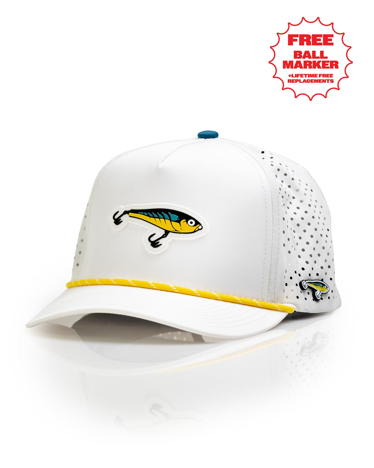 Pins & Aces Fishing Lure Perforated Rope Golf Hat – White